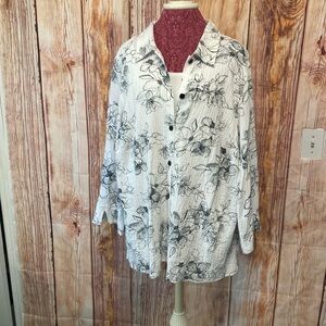 Alfred Dunner 1X Crinkle Long Sleeve with Tank Button Blouse White Black & Gray